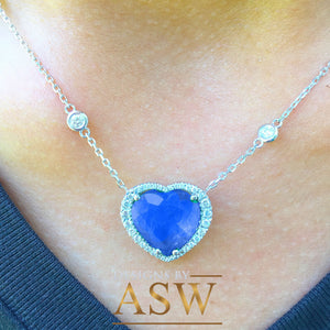 Large 14k solid white gold heart shape simulated sapphbire and round cut simulated diamonds necklace pendent and chain bridal gift 5.70ctw