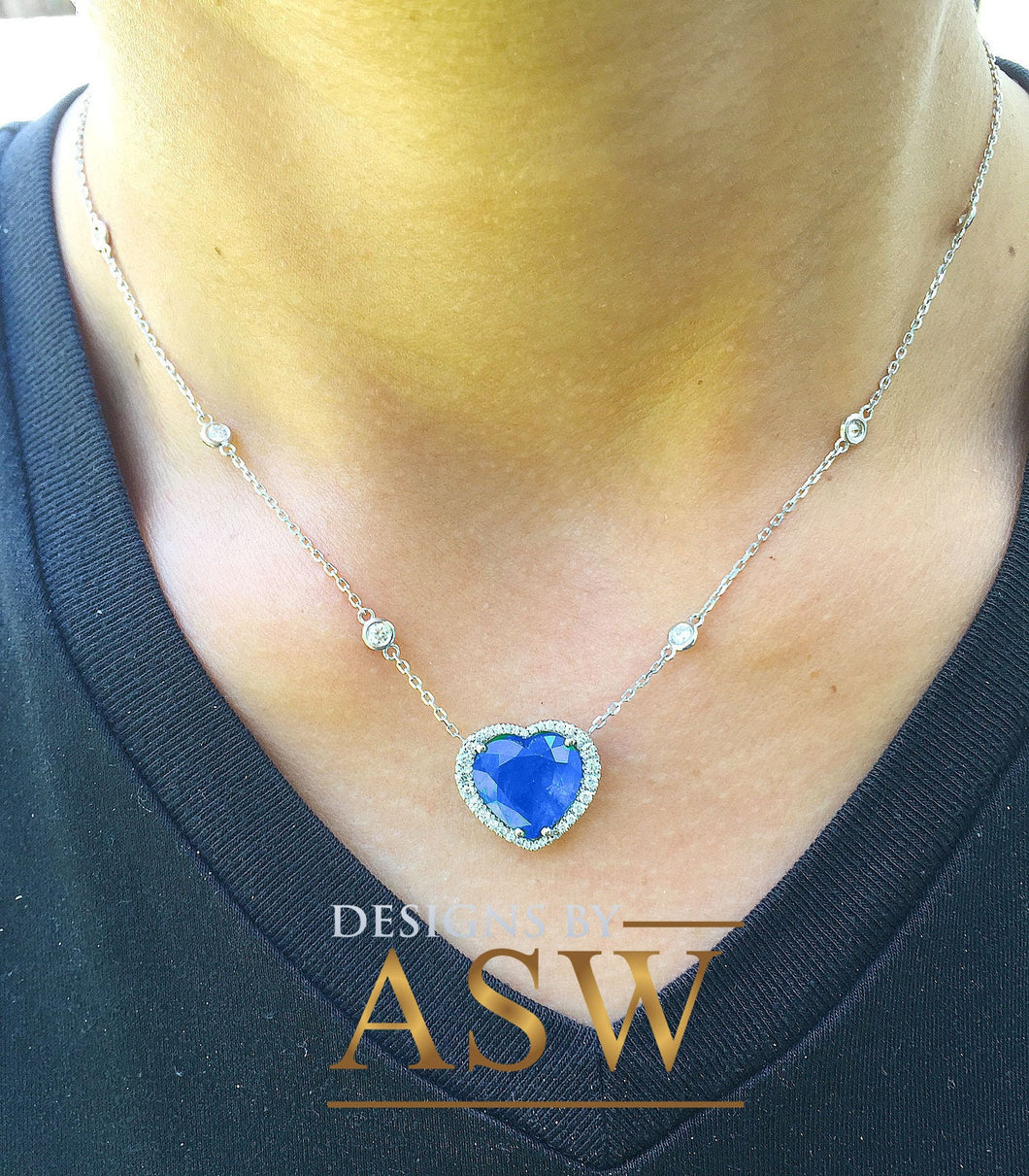 Large 14k solid white gold heart shape simulated sapphbire and round cut simulated diamonds necklace pendent and chain bridal gift 5.70ctw
