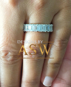 Large 5.0x3.0mm 14K Solid White Gold Emerald Cut Moissanite Eternity Band Deco, Bridal, Wedding, Anniversary, Prong Set, Gift, ring 5.00ct