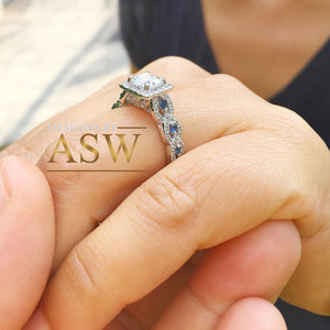 14k White Gold Round Cut Forever One Moissanite and Diamond And Sapphire Engagement Ring, Bridal, Wedding, Natural Diamonds Halo 2.00ctw