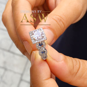 14k White Gold Round Cut Forever One Moissanite and Diamond And Sapphire Engagement Ring, Bridal, Wedding, Natural Diamonds Halo 2.00ctw
