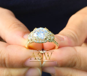 14k Yellow Gold Round Forever one Moissanite and Half Moon Diamond Engagement Ring Antique Deco Bridal Wedding Anniversry Cut Halo 2.50ctw