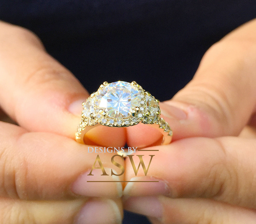 14k Yellow Gold Round Forever one Moissanite and Half Moon Diamond Engagement Ring Antique Deco Bridal Wedding Anniversry Cut Halo 2.50ctw