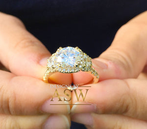 14k Yellow Gold Round Moissanite and Half Moon Diamond Engagement Ring Antique Deco Bridal Wedding Anniversry Cut Halo 2.50ctw