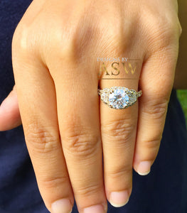 14k Yellow Gold Round Forever one Moissanite and Half Moon Diamond Engagement Ring Antique Deco Bridal Wedding Anniversry Cut Halo 2.50ctw