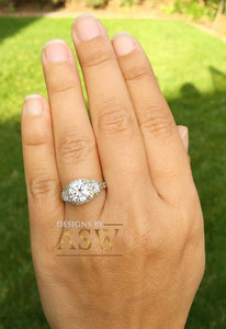 14k Yellow Gold Round Forever one Moissanite and Half Moon Diamond Engagement Ring Antique Deco Bridal Wedding Anniversry Cut Halo 2.50ctw
