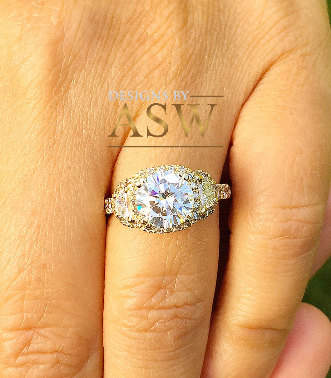 14k Yellow Gold Round Moissanite and Half Moon Diamond Engagement Ring Antique Deco Bridal Wedding Anniversry Cut Halo 2.50ctw