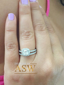 14K White Gold Cushion Cut Forever One Moissanite and Round Cut Natural Diamond Engagement Ring And Band Bridal Wedding Set Halo 1.75ctw