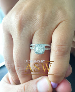 14K White Gold Cushion Cut Forever One Moissanite and Round Cut Natural Diamond Engagement Ring And Band Bridal Wedding Set Halo 1.75ctw