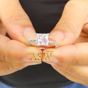 14k white gold princess cut forever one moissanite and natural round diamond engagement ring art deco style halo wedding anniversary 2.00ct