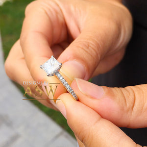 14k white gold princess cut forever one moissanite and natural round diamond engagement ring art deco style halo wedding anniversary 2.00ct