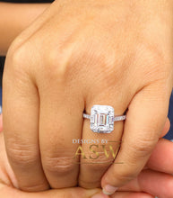 Load image into Gallery viewer, 14k solid white gold emerald cut forever one moissanite and natural diamond engagement ring deco halo bridal wedding 2.70ctw
