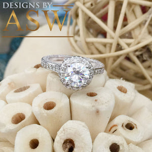 14k White Gold Round Cut Forever One Moissanite and Natural Diamonds Engagement Ring Antique Deco Style Bridal Wedding 2.10ctw
