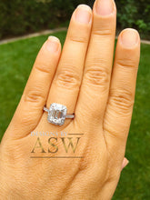 Load image into Gallery viewer, 14k solid white gold emerald cut moissanite and natural round and baguettes cut diamond engagement ring deco halo bridal wedding 2.70ctw
