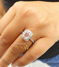 Load image into Gallery viewer, 14k solid white gold emerald cut moissanite and natural round and baguettes cut diamond engagement ring deco halo bridal wedding 2.70ctw
