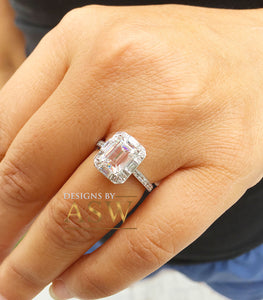 14k solid white gold emerald cut moissanite and natural round and baguettes cut diamond engagement ring deco halo bridal wedding 2.70ctw