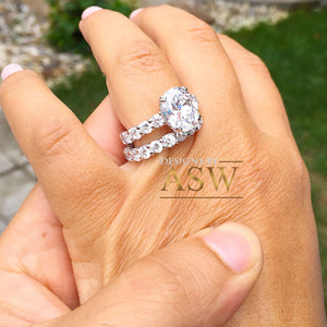 Large Eternity 14K White Gold Oval Cut Moissanite And Round Cut Engagement Ring And Band Halo, Bridal, Wedding, Anniversary, Propose 7.50ctw