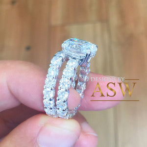 Large Eternity 14K White Gold Oval Cut Moissanite And Round Cut Engagement Ring And Band Halo, Bridal, Wedding, Anniversary, Propose 7.50ctw