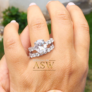 Large Eternity 14K White Gold Oval Cut Moissanite And Round Cut Engagement Ring And Band Halo, Bridal, Wedding, Anniversary, Propose 7.50ctw