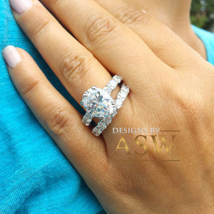 Large Eternity 14K White Gold Oval Cut Moissanite And Round Cut Engagement Ring And Band Halo, Bridal, Wedding, Anniversary, Propose 7.50ctw