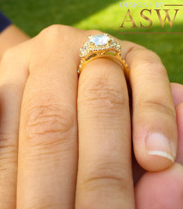 14k Yellow Gold Round Moissanite and Half Moon Diamond Engagement Ring Antique Deco Bridal Wedding Anniversry Cut Halo 2.50ctw