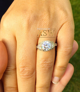 14k Yellow Gold Round Forever one Moissanite and Half Moon Diamond Engagement Ring Antique Deco Bridal Wedding Anniversry Cut Halo 2.50ctw