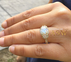 14k Yellow Gold Round Moissanite and Half Moon Diamond Engagement Ring Antique Deco Bridal Wedding Anniversry Cut Halo 2.50ctw