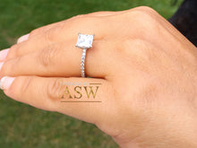 Load image into Gallery viewer, 14k white gold princess cut forever one moissanite and natural round diamond engagement ring art deco style halo wedding anniversary 2.00ct
