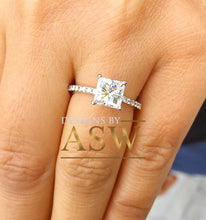 Load image into Gallery viewer, 14k white gold princess cut forever one moissanite and natural round diamond engagement ring art deco style halo wedding anniversary 2.00ct
