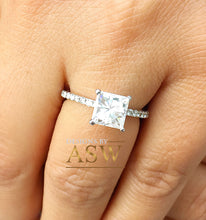 Load image into Gallery viewer, 14k white gold princess cut forever one moissanite and natural round diamond engagement ring art deco style halo wedding anniversary 2.00ct

