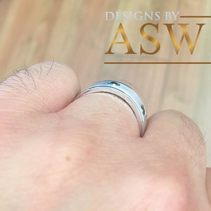 14K Solid And Heavy White Gold Round Cut Natural Sapphires Ring Band Bezel Set Mens 7mm 0.35ctw Eternity Style Beveled