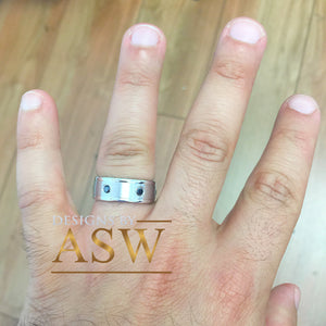 14K Solid And Heavy White Gold Round Cut Natural Sapphires Ring Band Bezel Set Mens 7mm 0.35ctw Eternity Style Beveled