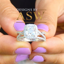 Load image into Gallery viewer, 14k Solid White Gold Cushion Cut Simulated Diamond Engagement Ring And Band Bridal Set Wedding Set Halo Twisted Shank 2.50ct

