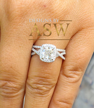 Load image into Gallery viewer, 14k Solid White Gold Cushion Cut Simulated Diamond Engagement Ring And Band Bridal Set Wedding Set Halo Twisted Shank 2.50ct
