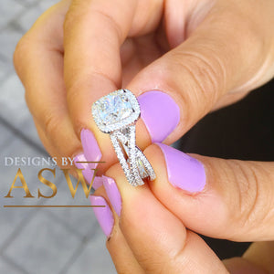 14k White Gold Cushion Cut Forever One Moissanite and Diamond Engagement Ring And Band Halo Bridal Set Natural Diamonds 2.70ct