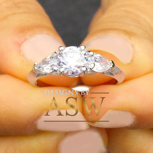 14k Solid White Gold Round and Pear Cut Forever One Moissanite Engagement Ring, Bridal, Wedding Deco Three Stone Style  1.50ctw