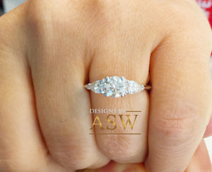 14k white gold round and pear cut diamond engagement ring deco three stone wedding anniversary bridal natural diamonds Bridal 1.20ctw