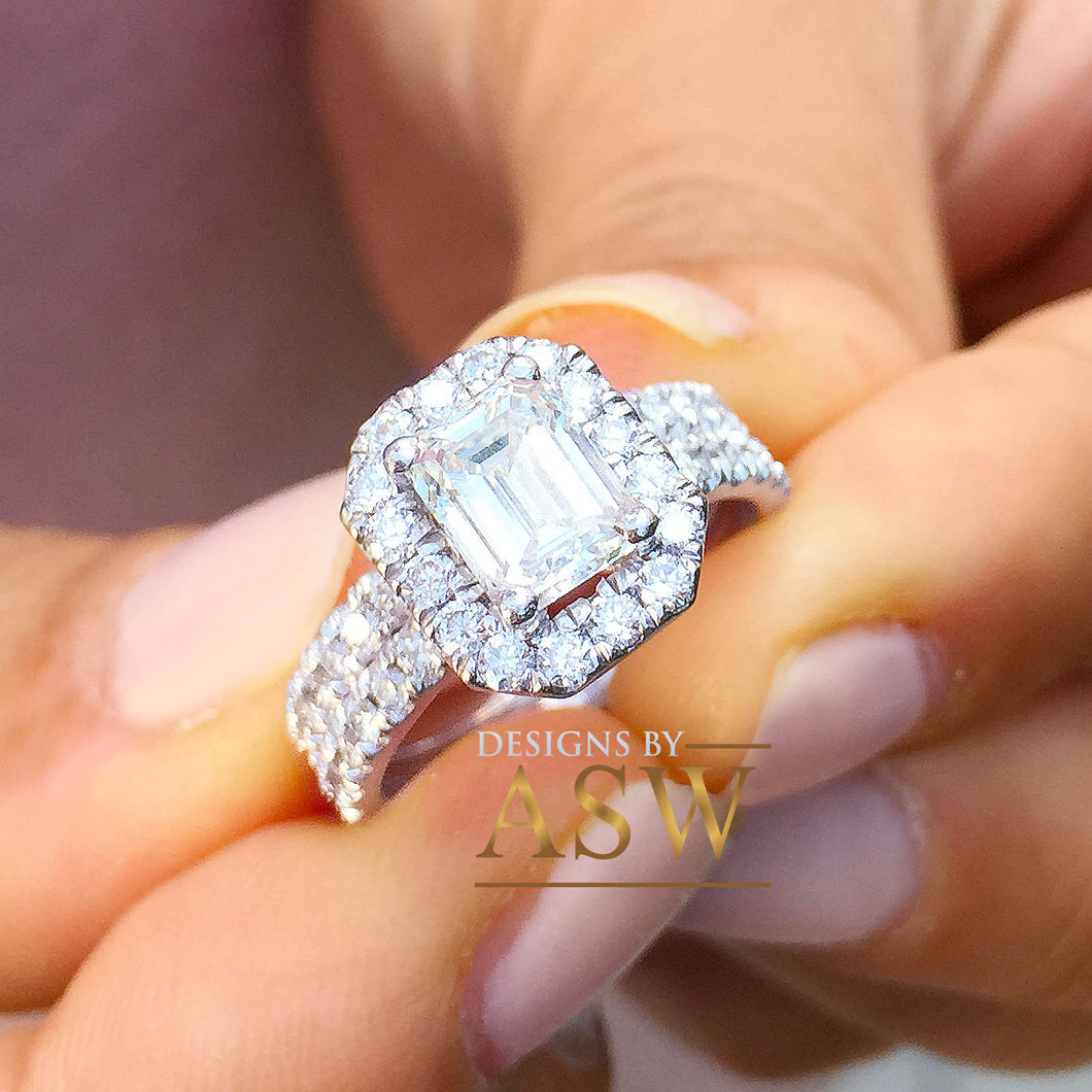 14k solid white gold emerald cut forever one moissanite and round cut natural diamond engagement ring and band halo bridal wedding 2.00ct