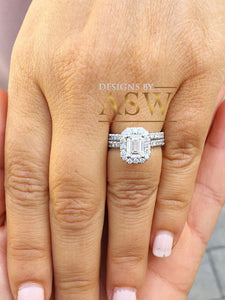 14k solid white gold emerald cut forever one moissanite and round cut natural diamond engagement ring and band halo bridal wedding 2.00ct