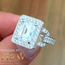 Load image into Gallery viewer, Large Five Carat 14k solid white gold emerald and round cut simulated diamond engagement ring halo bridal wedding prong set propose promise
