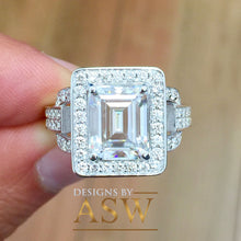 Load image into Gallery viewer, Large Five Carat 14k solid white gold emerald and round cut simulated diamond engagement ring halo bridal wedding prong set propose promise
