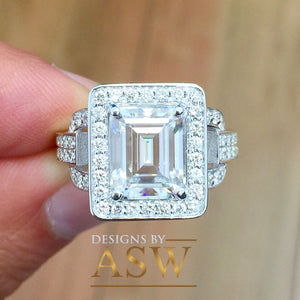 Large Five Carat 14k solid white gold emerald and round cut simulated diamond engagement ring halo bridal wedding prong set propose promise