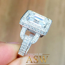 Load image into Gallery viewer, Large Five Carat 14k solid white gold emerald and round cut simulated diamond engagement ring halo bridal wedding prong set propose promise
