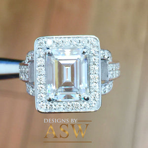 Large Five Carat 14k solid white gold emerald and round cut simulated diamond engagement ring halo bridal wedding prong set propose promise