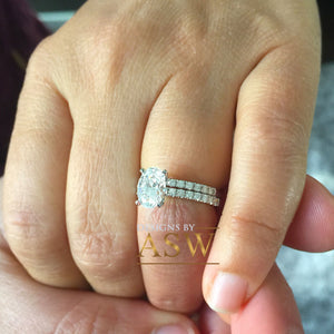 14K Solid White Gold Oval Cut Moissanite And Natural Round Cut Engagement Ring And Band Halo, Bridal, Wedding, Anniversary, Propose 2.30ctw