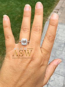 14k solid white gold emerald cut moissanite and natural round and baguettes cut diamond engagement ring deco halo bridal wedding 2.70ctw