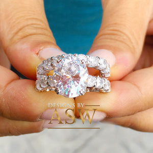 Large Eternity 14K White Gold Oval Cut Moissanite And Round Cut Engagement Ring And Band Halo, Bridal, Wedding, Anniversary, Propose 7.50ctw