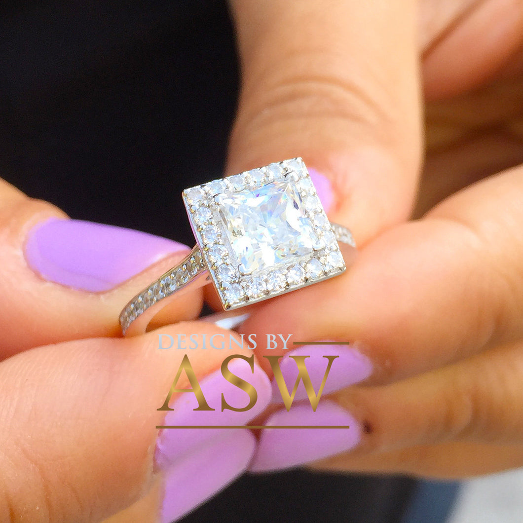 14k white gold princess cut forever one moissanite and diamond engagement ring art deco style halo wedding anniversary round diamonds 2.00ct