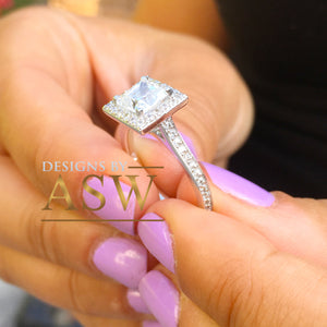 14k white gold princess cut forever one moissanite and diamond engagement ring art deco style halo wedding anniversary round diamonds 2.00ct