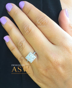 14k white gold princess cut forever one moissanite and diamond engagement ring art deco style halo wedding anniversary round diamonds 2.00ct